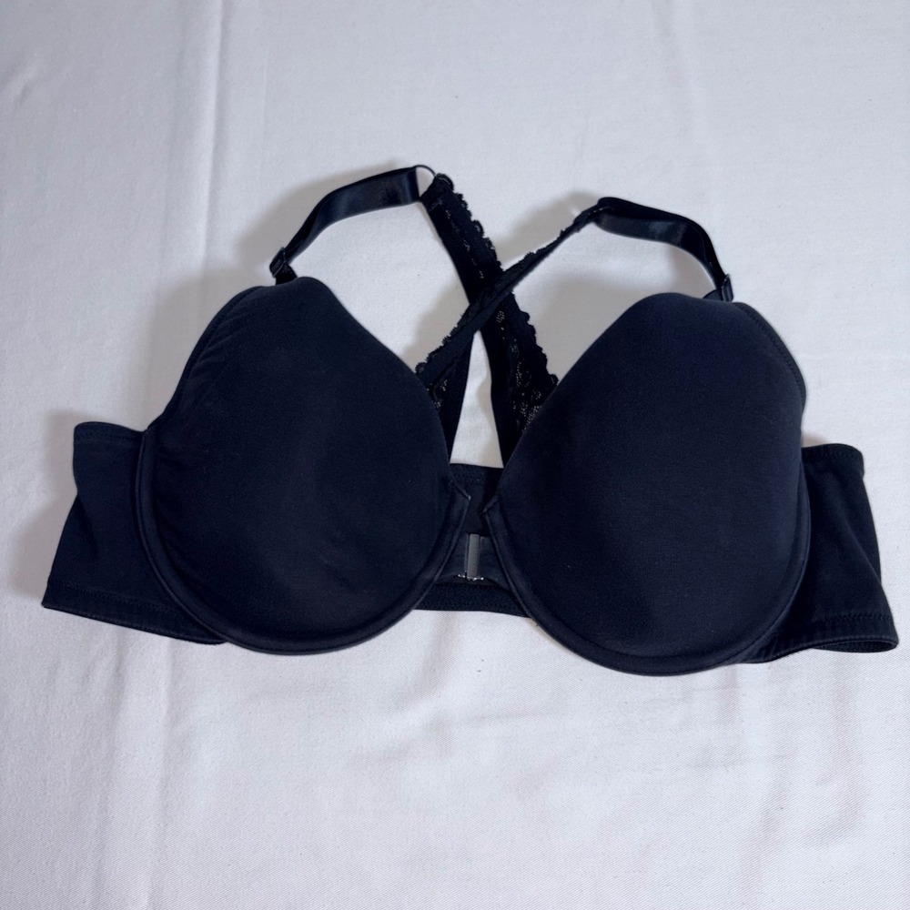 Cacique T-Shirt Bra 46C Black Excellent Front Close Lace Racerback Underwire